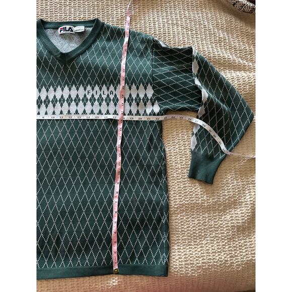 Vintage Fila Argyle Sweater Mens XL Green White V Neck Knit Pullover - Picture 5 of 9